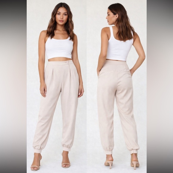 Nasty Gal Pants - Nasty Gal Beige Tailored Jogger Pants | High Waist | Elastic Hem